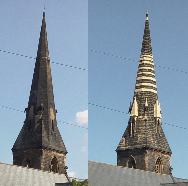 St James Spire - before and after
